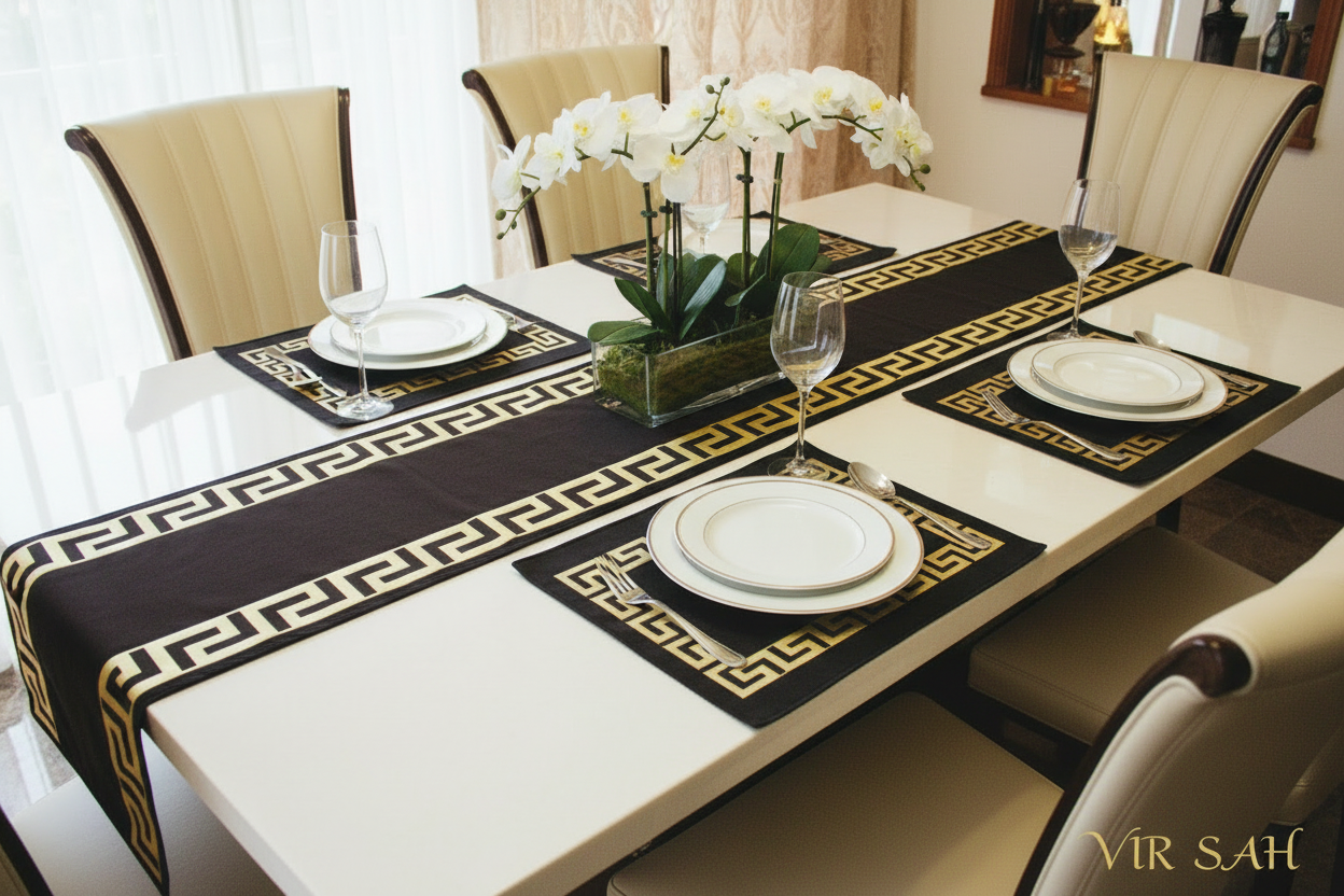Dark brown luxury table runner with gold Greek key pattern
