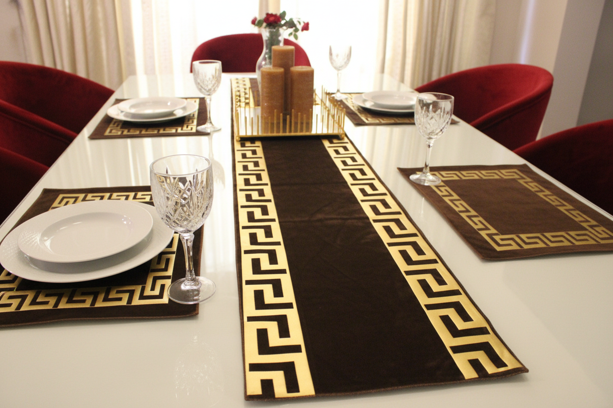 Dark brown luxury table runner with Greek key pattern on white table