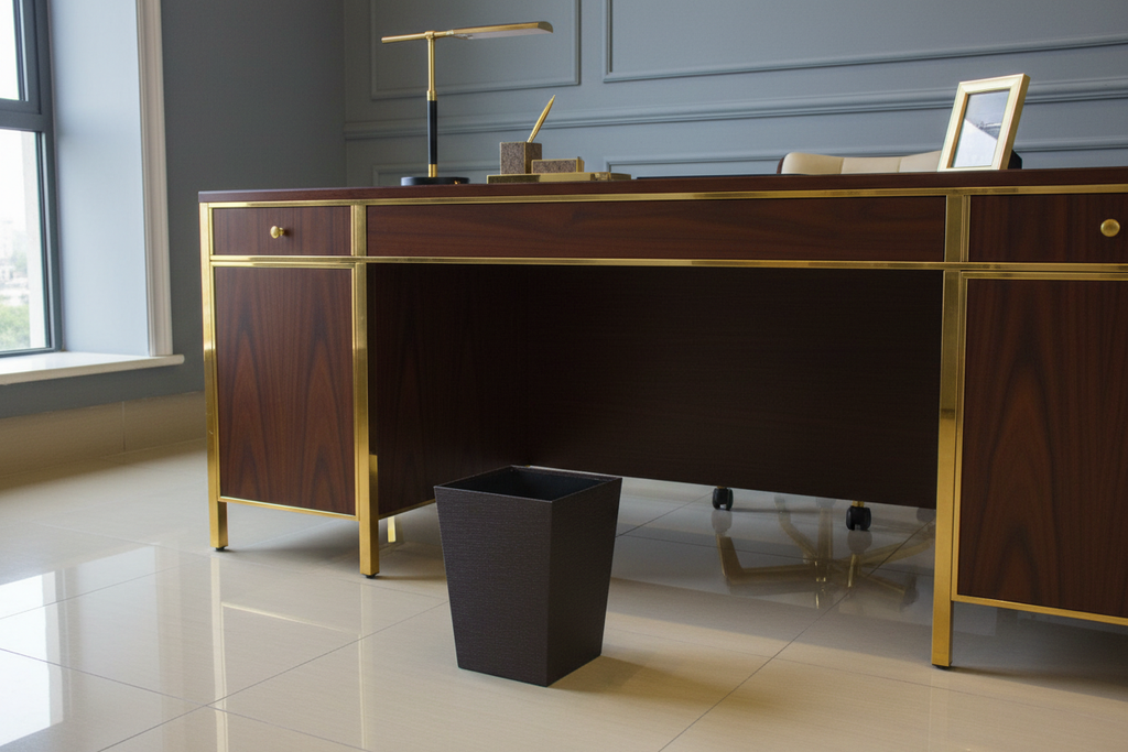 Dark brown square basket beside desk