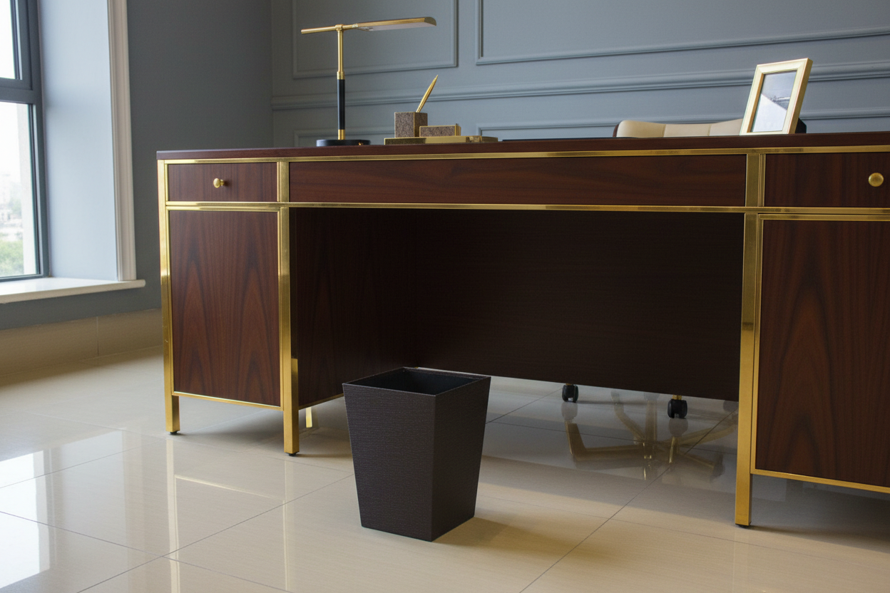 Dark brown square basket beside desk