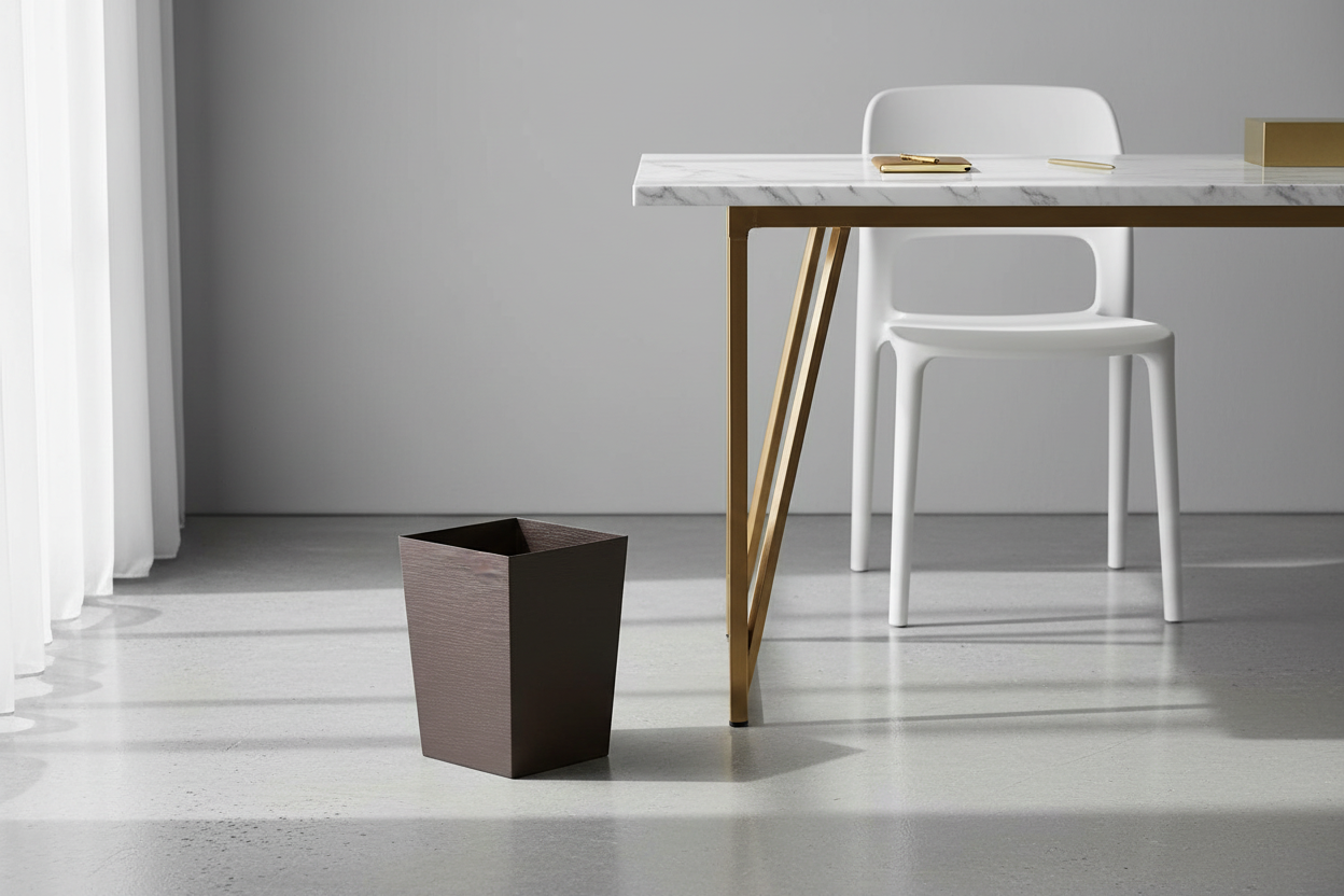 Dark brown square waste basket beside desk