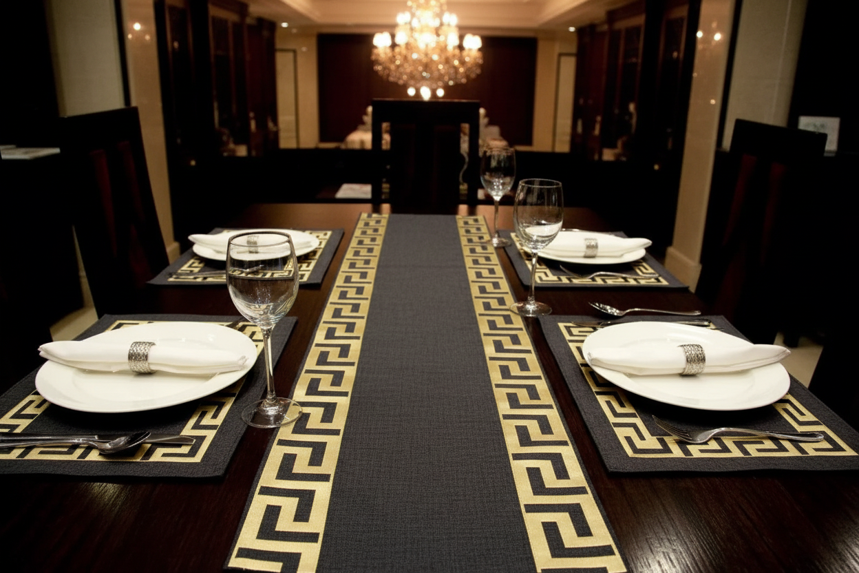 Darker grey table runner set with gold Greek key design