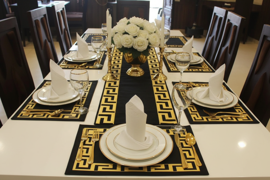 Elegant table setting with white table and enhanced decor