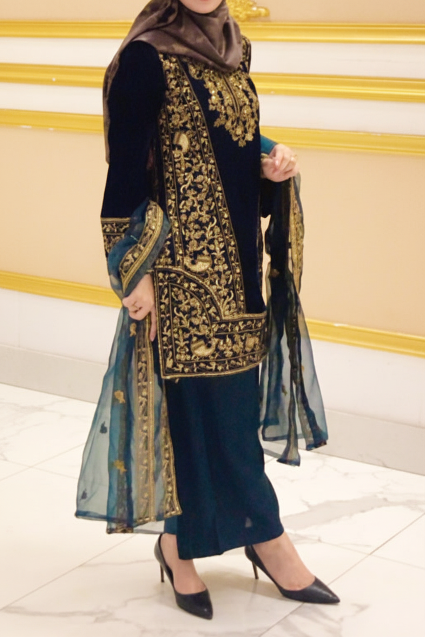 Enhanced and brightened navy velvet outfit