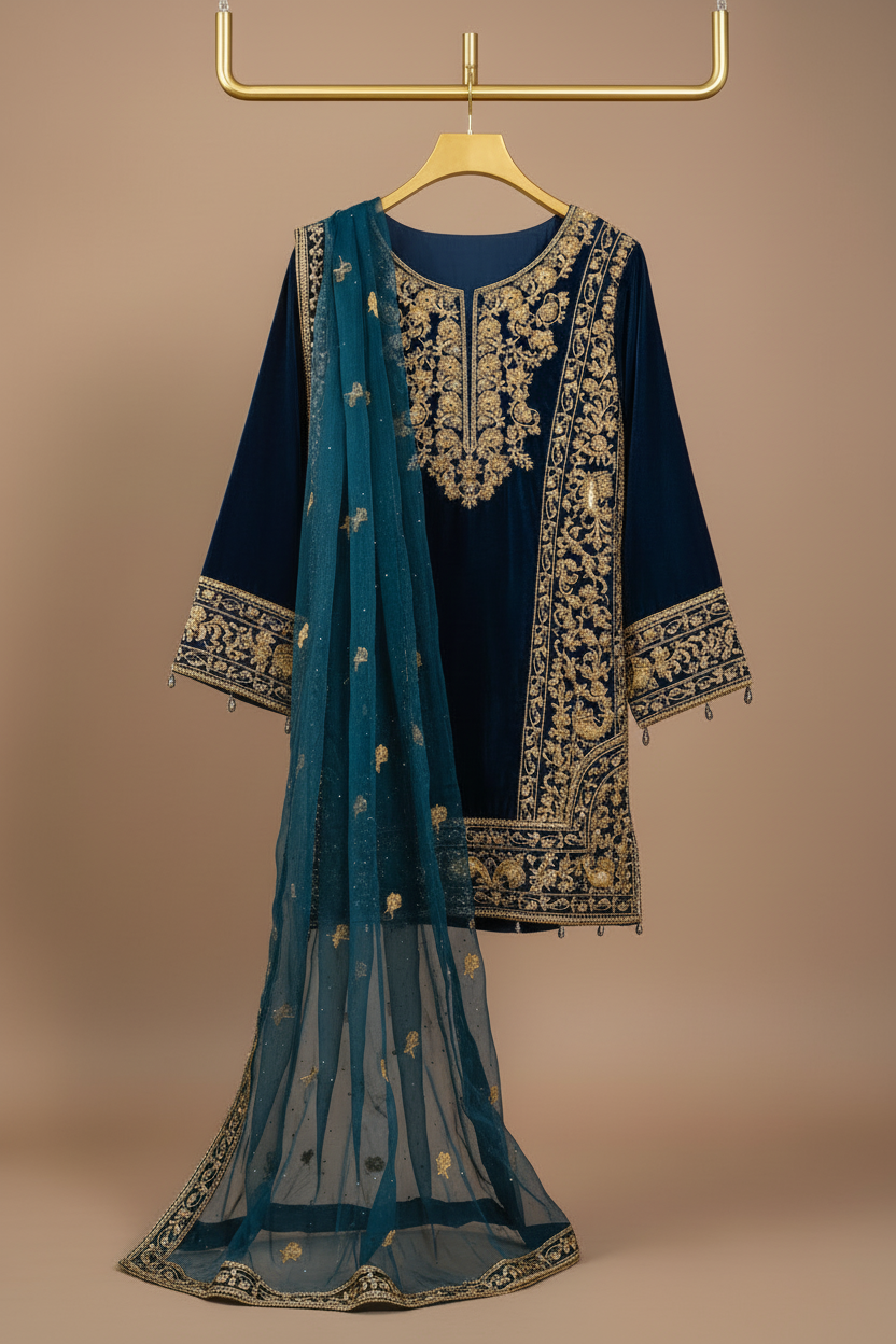 Enhanced peacock blue velvet dress