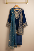 Enhanced peacock blue velvet outfit with dupatta