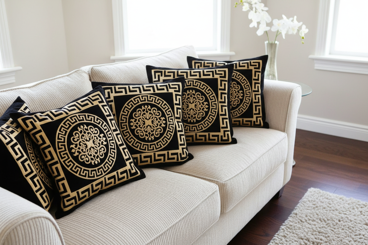 Four black Greek key cushions on sofa