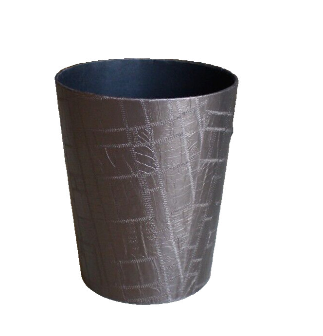 BASKET BOX WASTE PAPER BROWN PU LEATHER STORAGE STITCH DETAIL ROUND