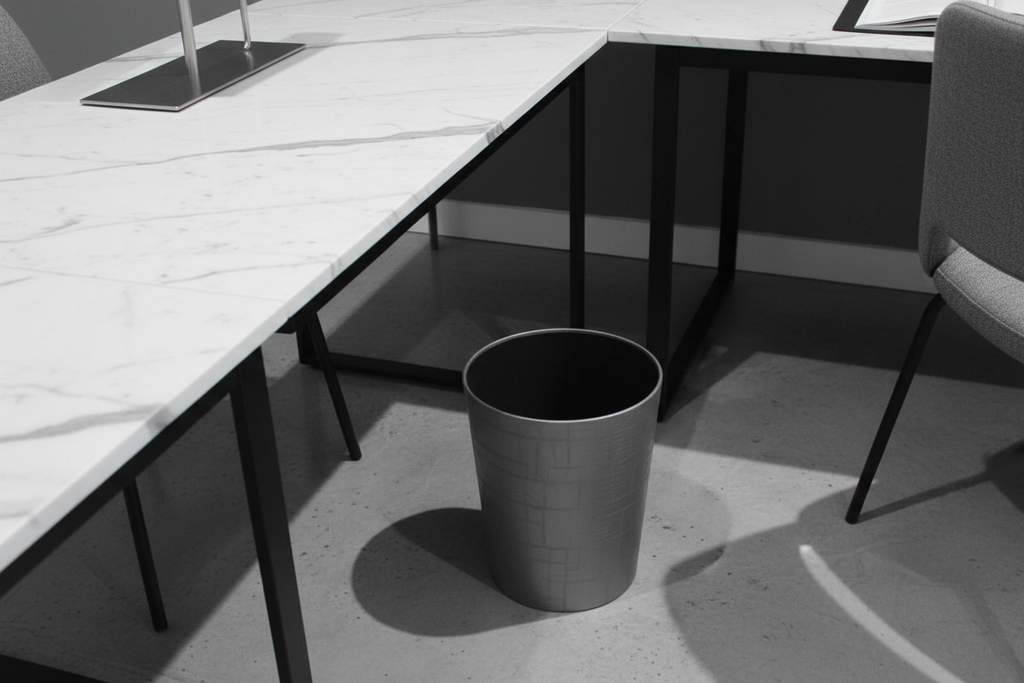 Grey round waste bin beside desk