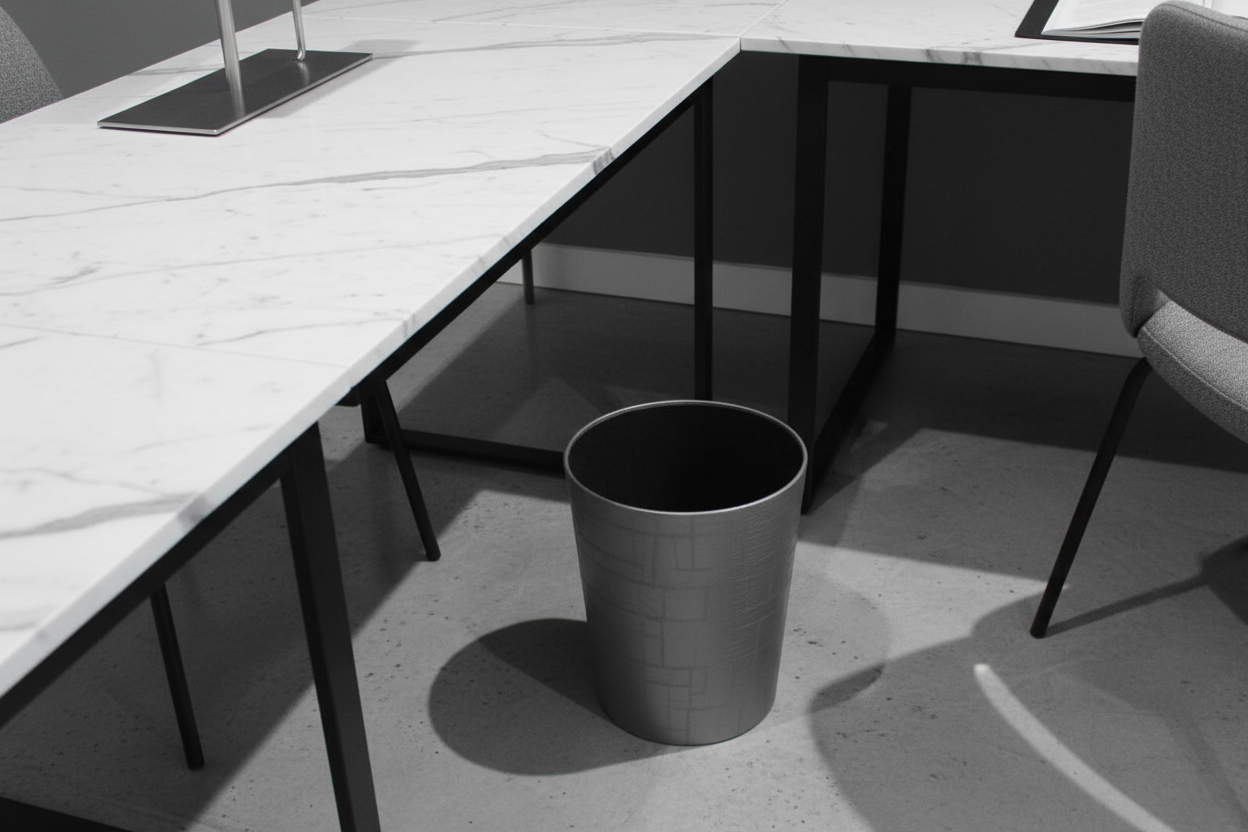 Grey round waste bin beside desk