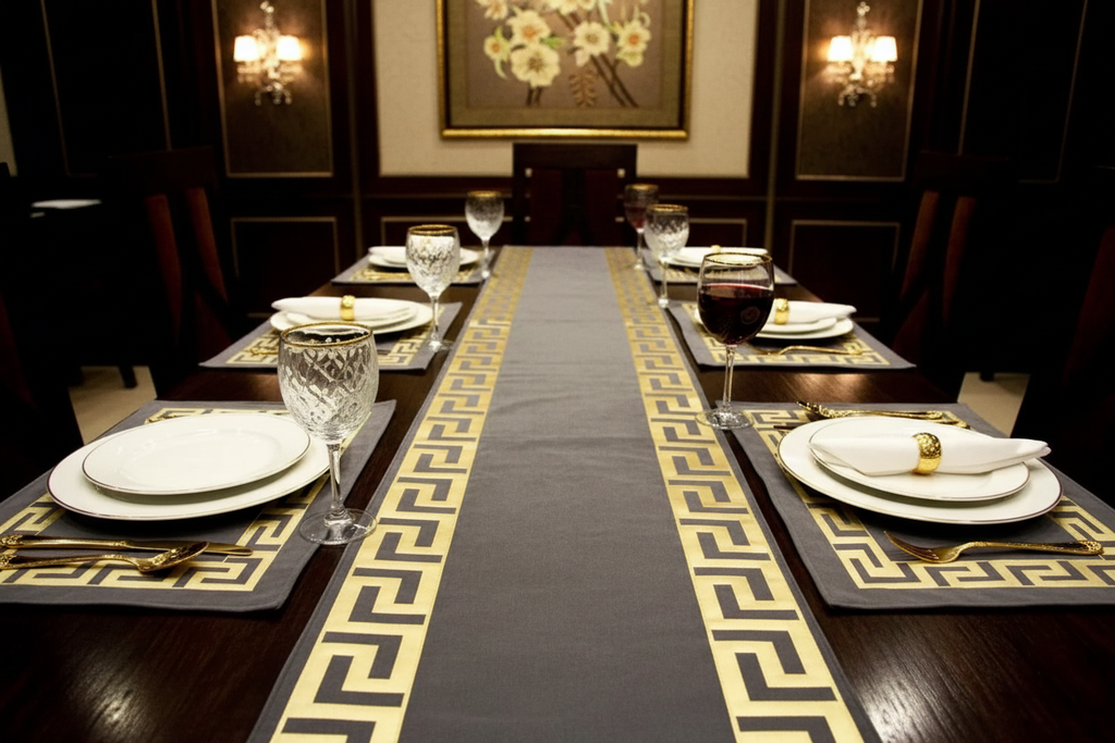 Grey table runner set with gold Greek key borders