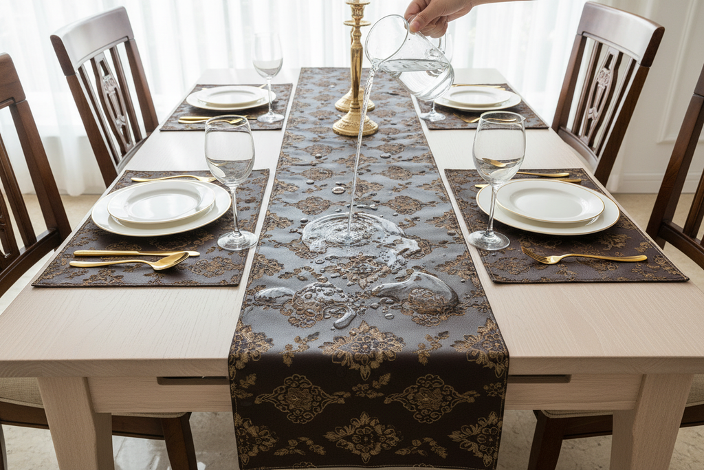 Full dining table setup with dark brown faux leather table runner and placemats showing water beading off surface