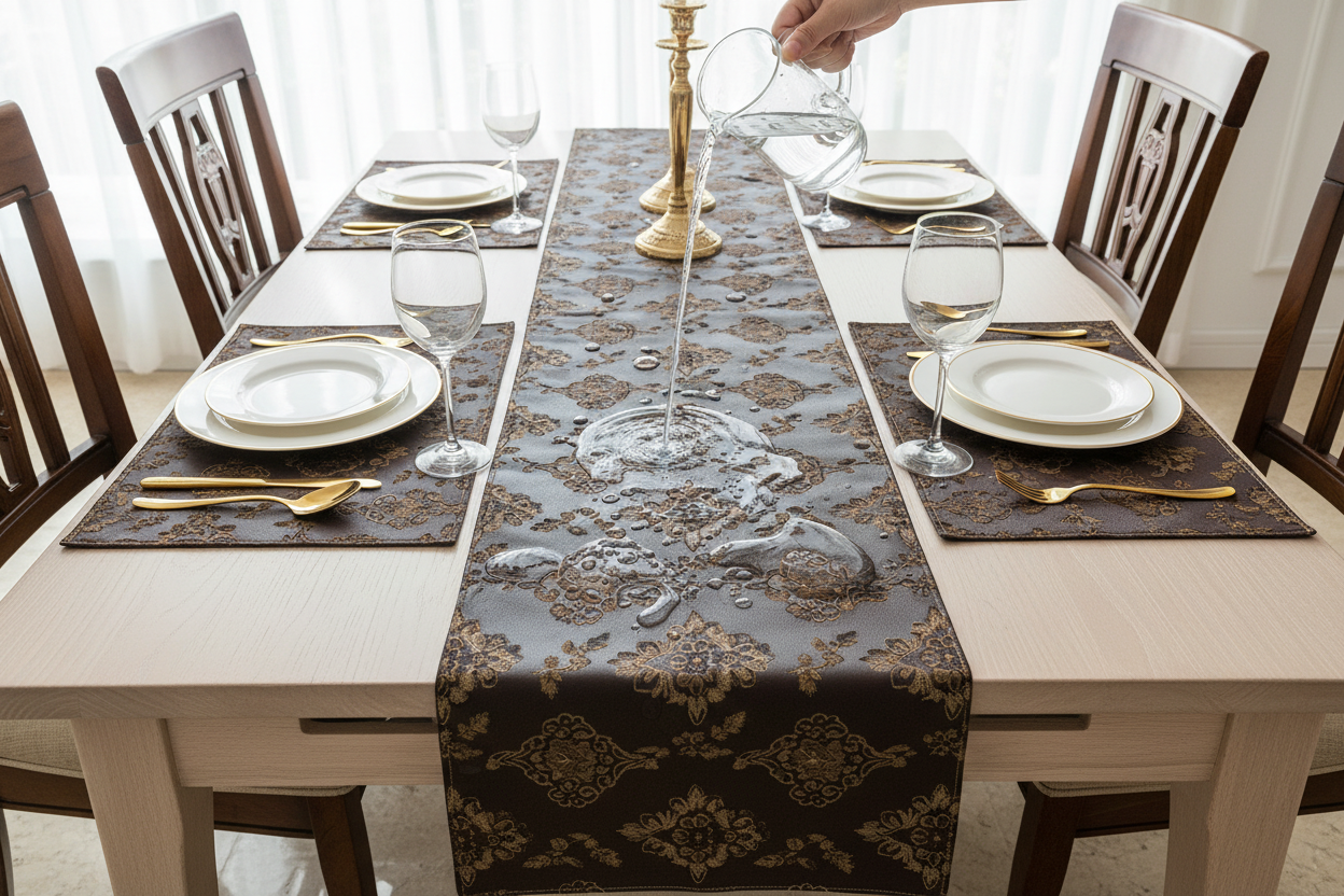 Full dining table setup with dark brown faux leather table runner and placemats showing water beading off surface