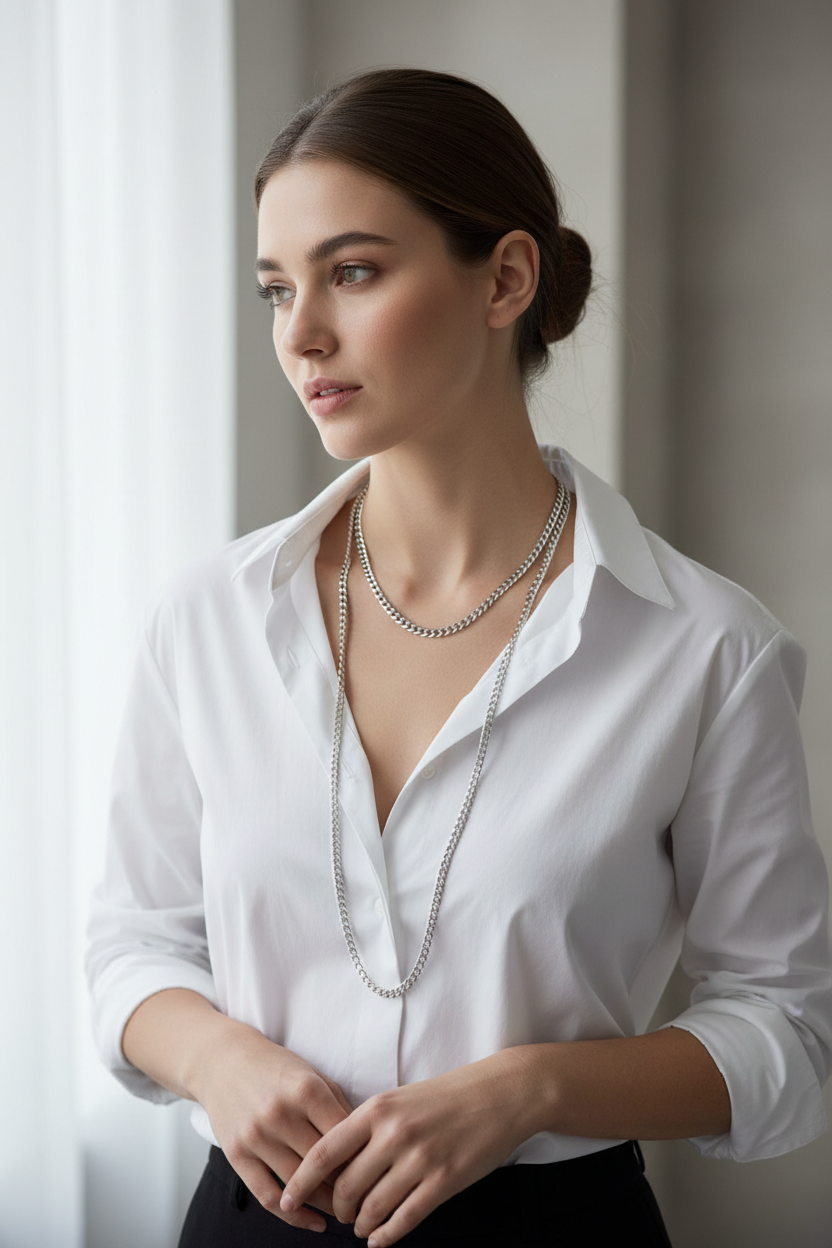 Long silver chain with shirt on model