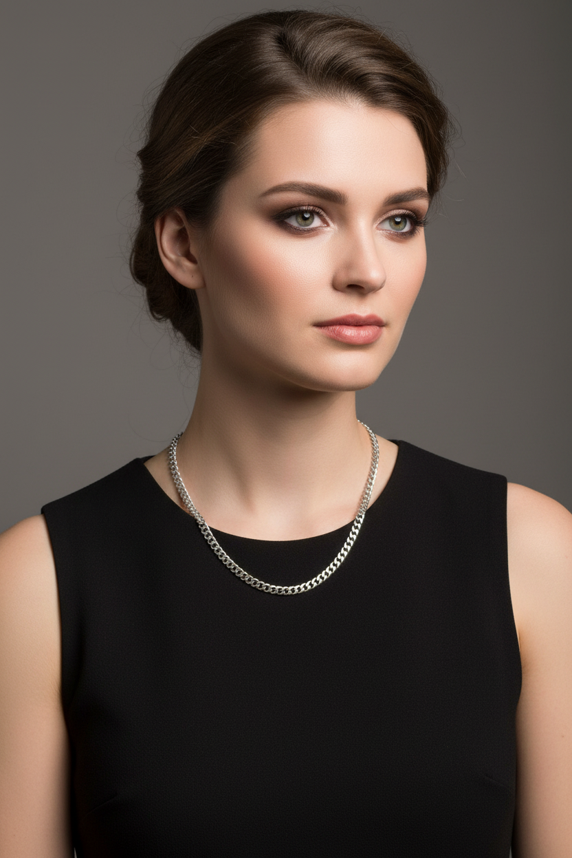 Medium-length silver chain on black shirt