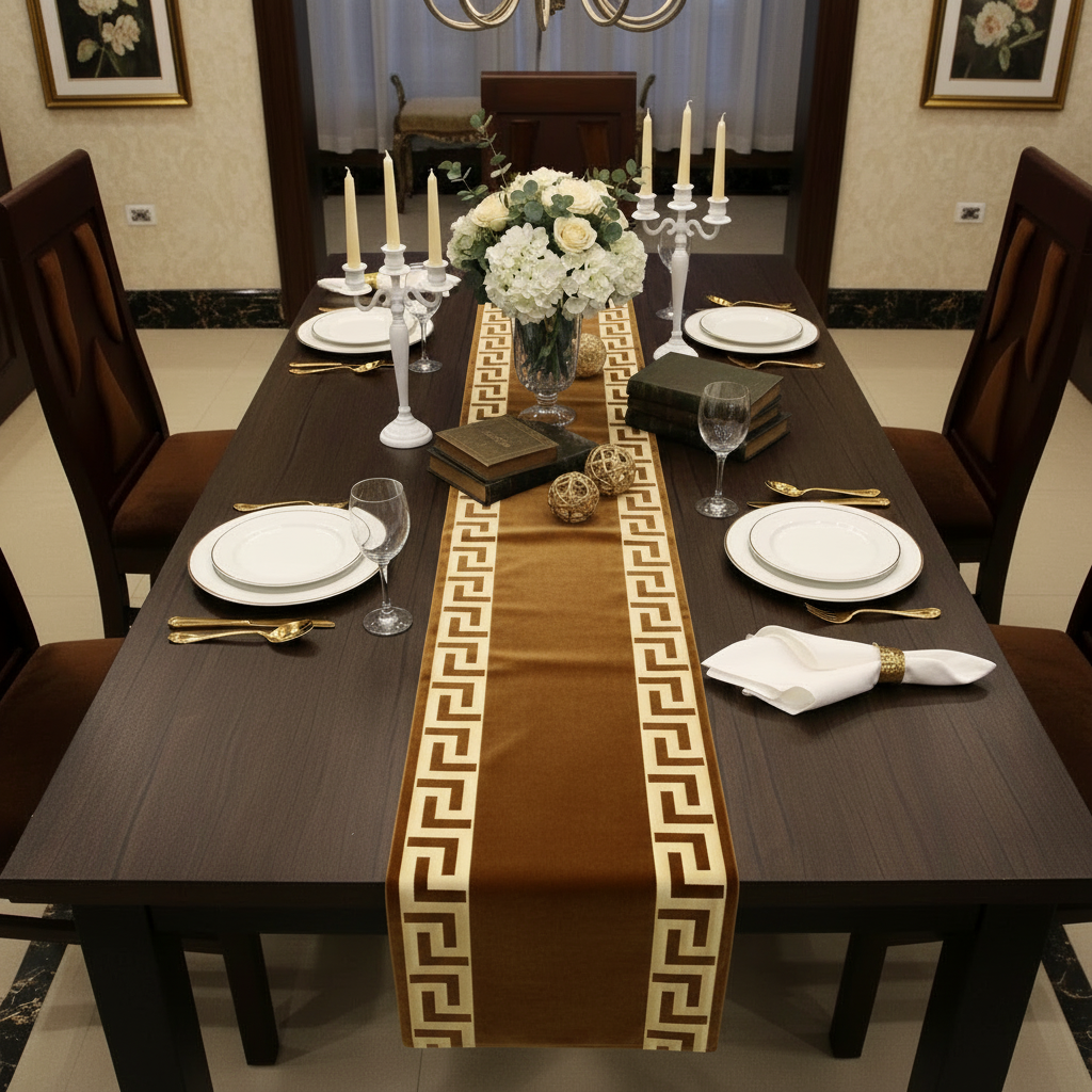 Mustard Brown Greek Key Table Runner