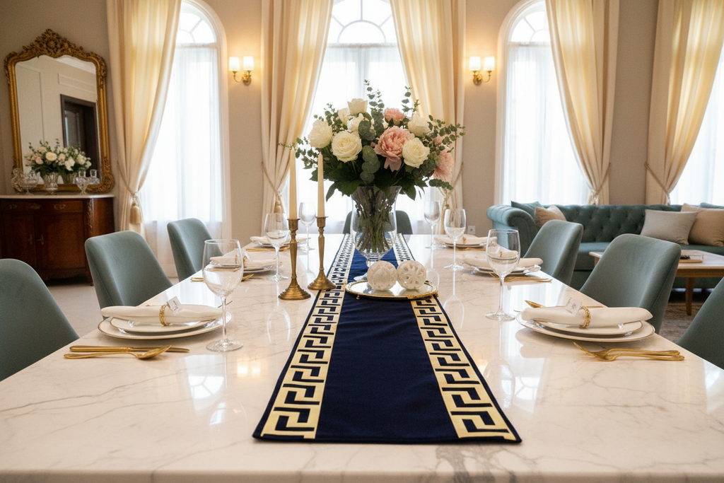 Navy Blue & Gold Table Runner - Luxury Setting