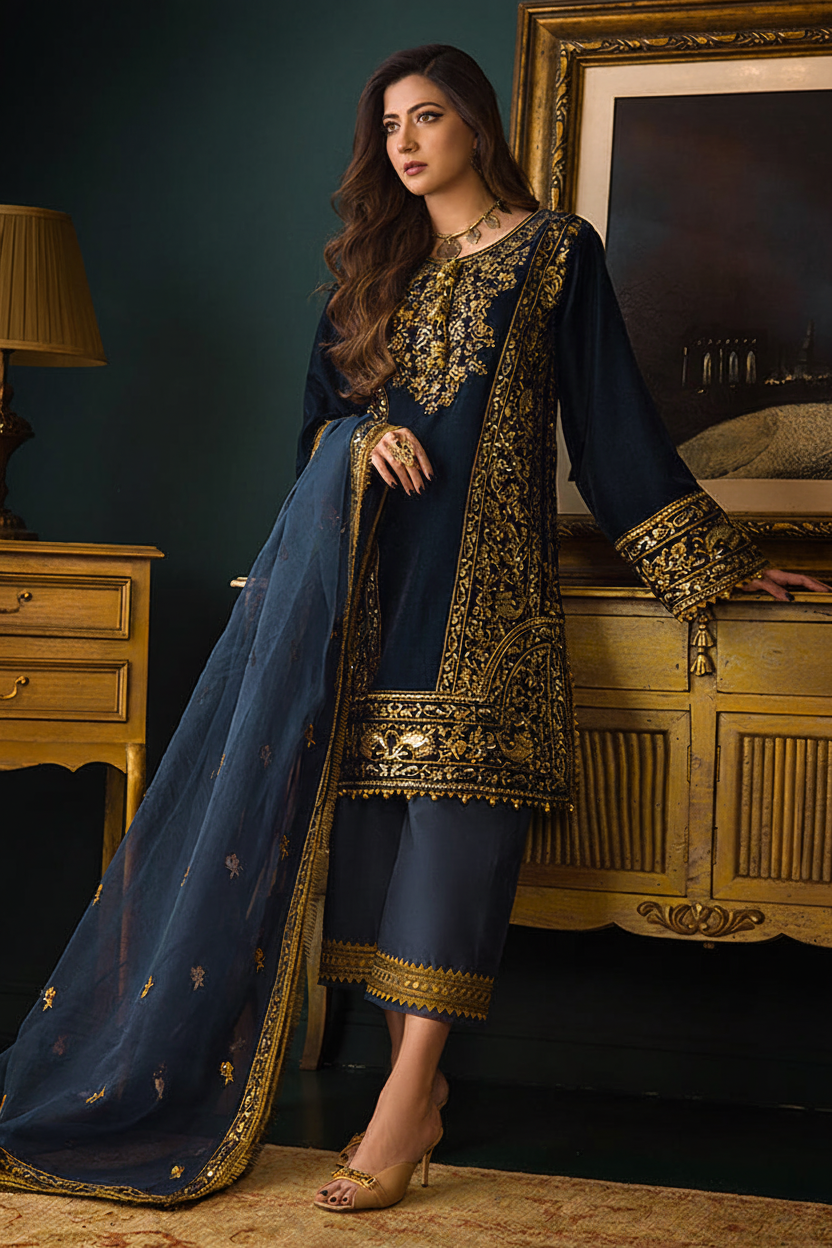 Navy velvet dress on different model with new background