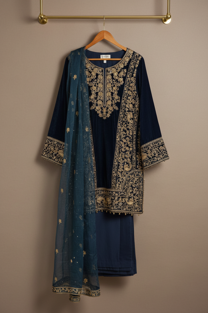 Navy velvet outfit with plain trousers on hanger