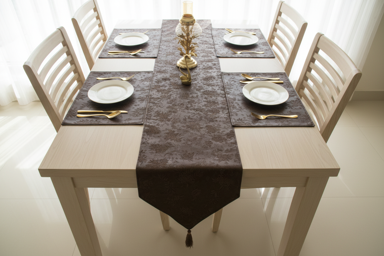 Overhead view of brown faux leather table runner set on light table