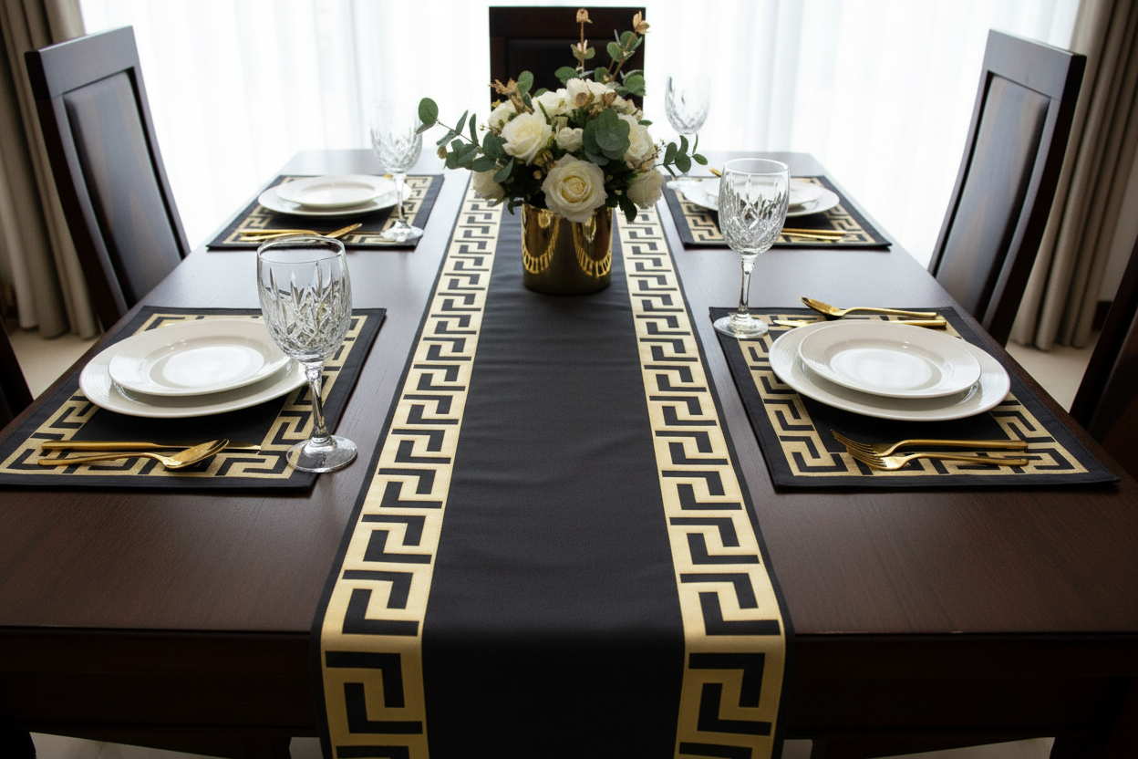 Overhead view of darker grey table runner with gold Greek key design