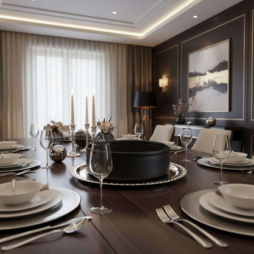 Plain Black Leather Bread Basket - Elegant Setting