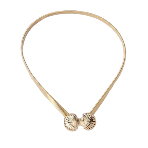 Women Elastic Belt Gold SeaShell Buckle Metal Thin Skinny Belt Waist Band
