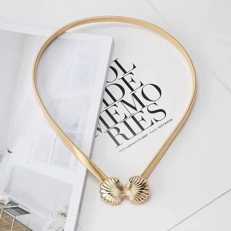 Women Elastic Belt Gold SeaShell Buckle Metal Thin Skinny Belt Waist Band
