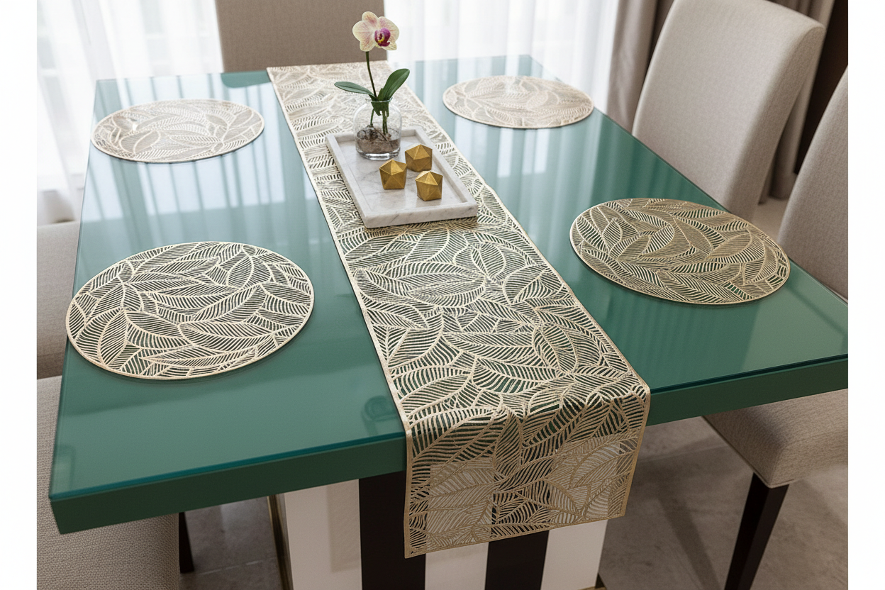 Rectangular Table Runner on Green Table - Right Side View