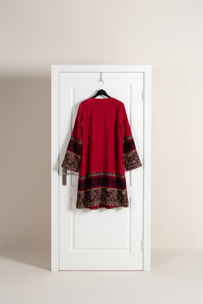 Red Embroidered Coat Back View on Door Hanger