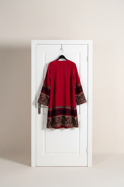 Red Embroidered Coat Back View on Door Hanger
