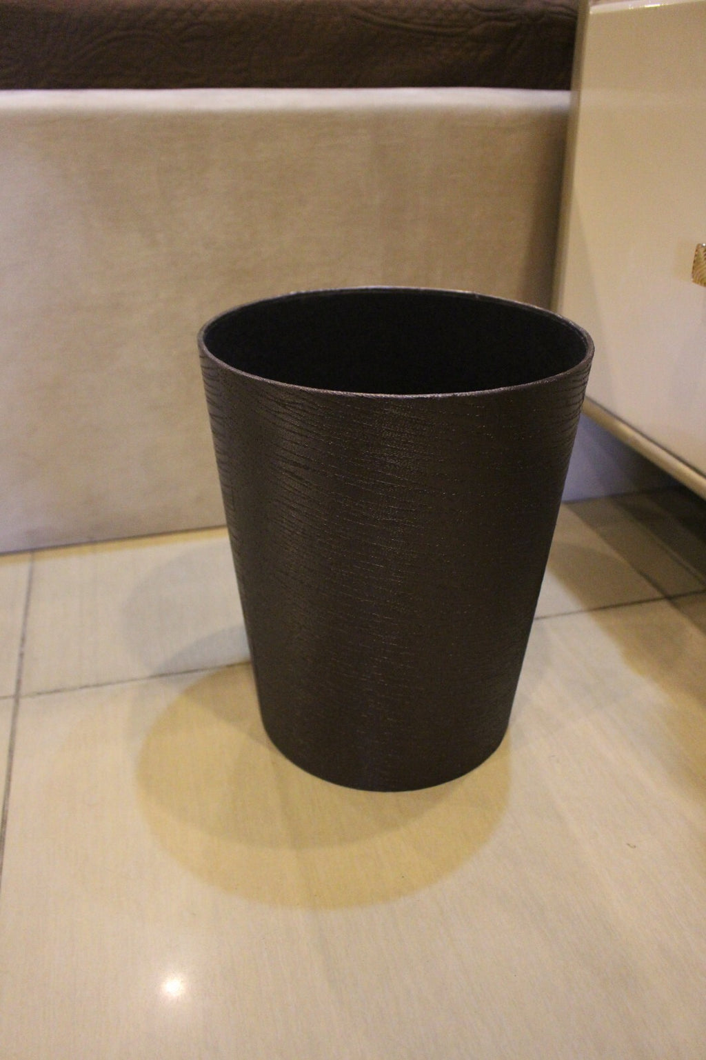 BASKET BOX WASTE PAPER BROWN PU LEATHER STORAGE STITCH DETAIL ROUND