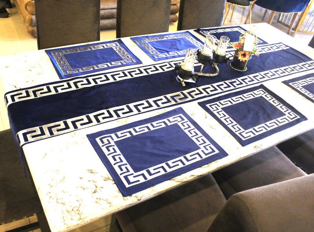 Luxury Velvet Table Runner + 6pc Placemats (Velvet-Blue Silver)