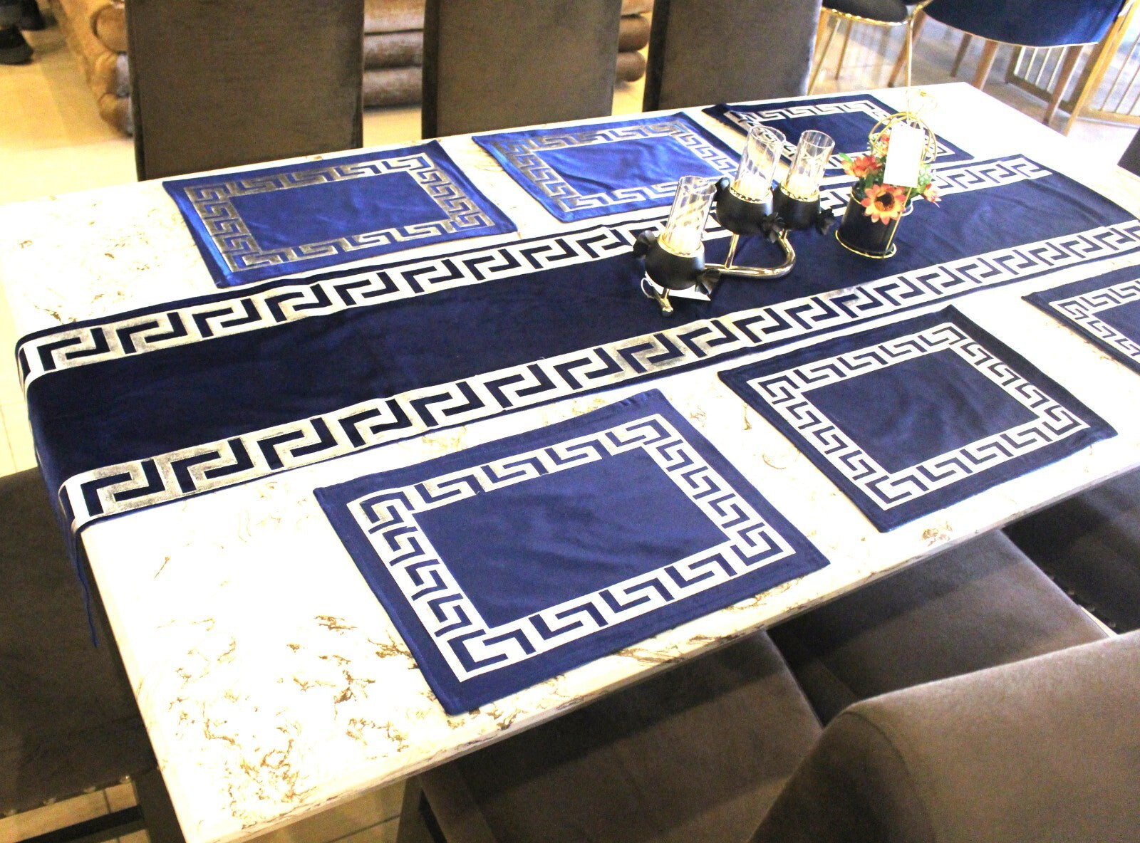 Luxury Velvet Table Runner + 6pc Placemats (Velvet-Blue Silver)