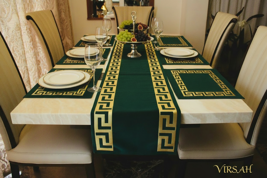 Shiny bottle green with blue tones Greek key table linens