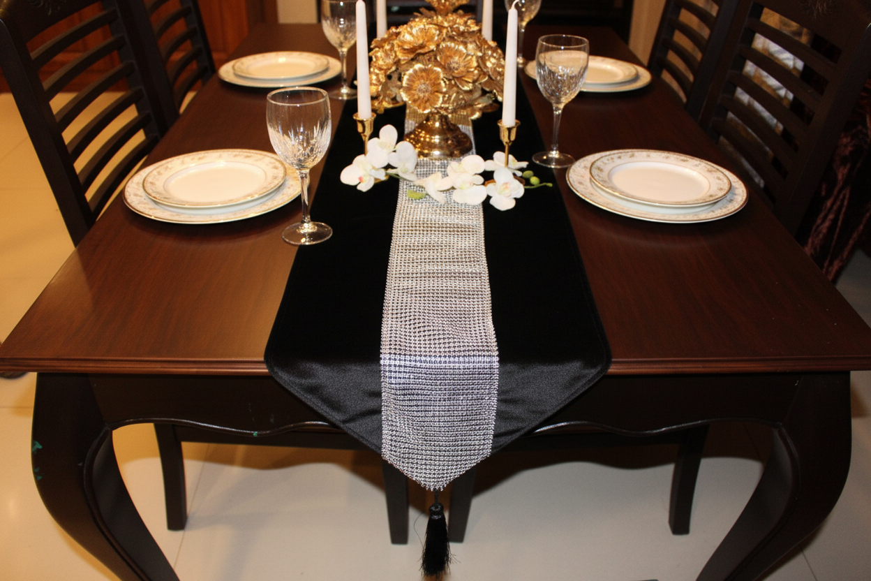 Side angle of black velvet table runner with elegant decor