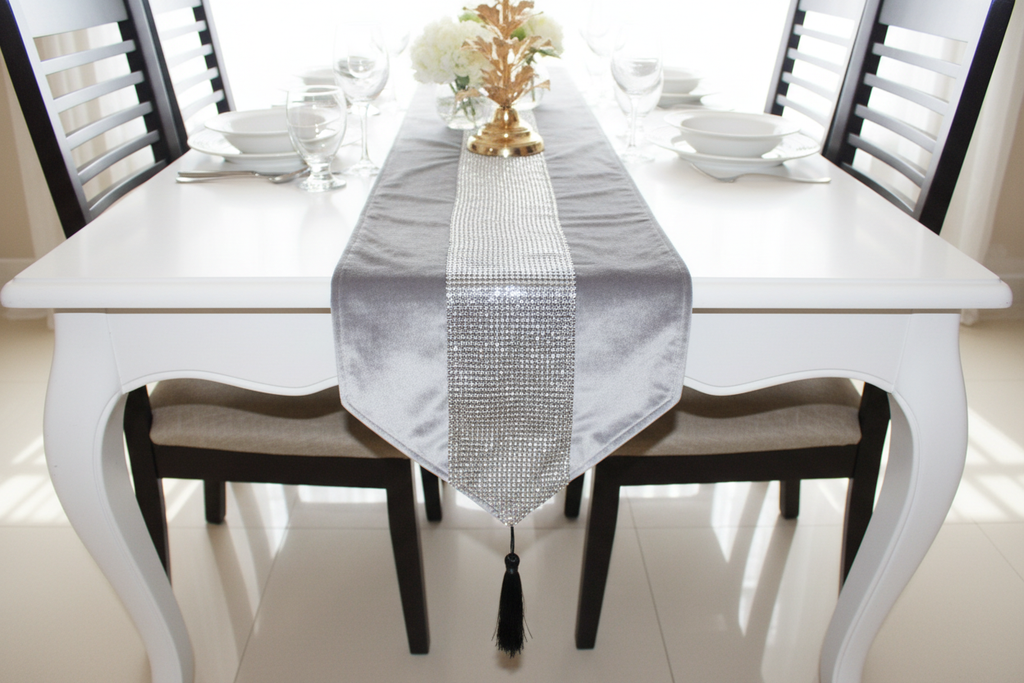Side angle of grey velvet runner with silver rhinestones