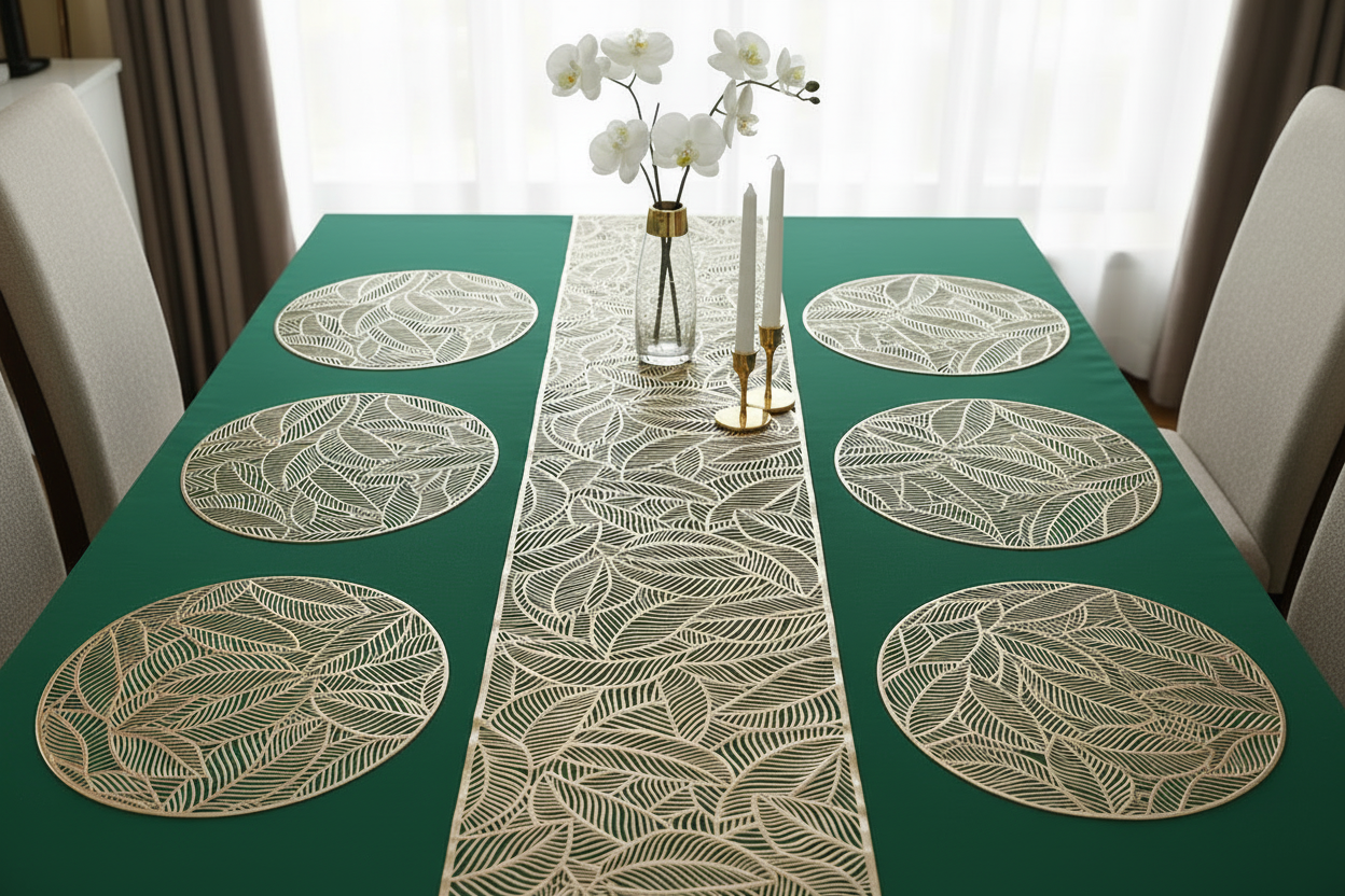 Side View - Gold Leaf Table Runner & Placemats on Green Table