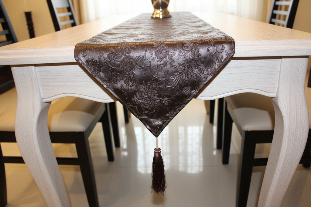 Side view of brown faux leather table runner on light table