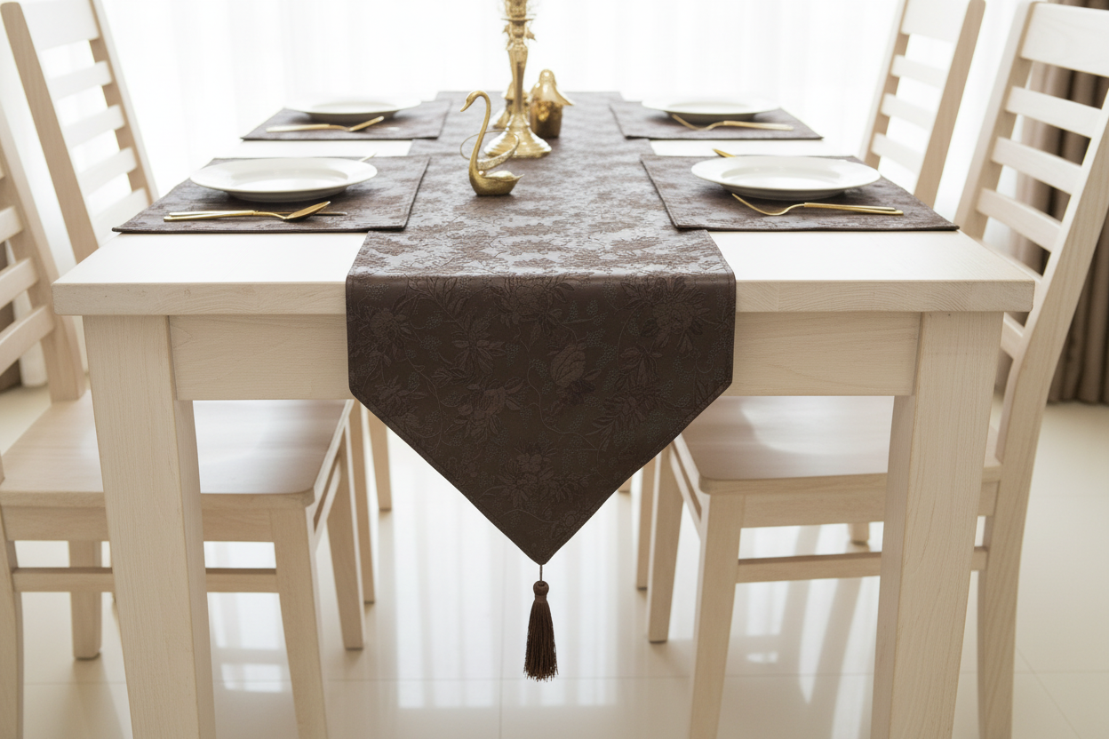 Side view of brown faux leather table runner set on light table