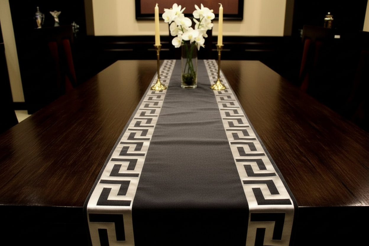 Silver Greek key table runner