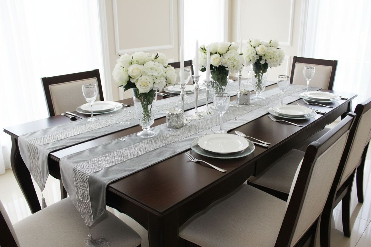 Silver grey velvet table runners with rhinestones in bright elegant room