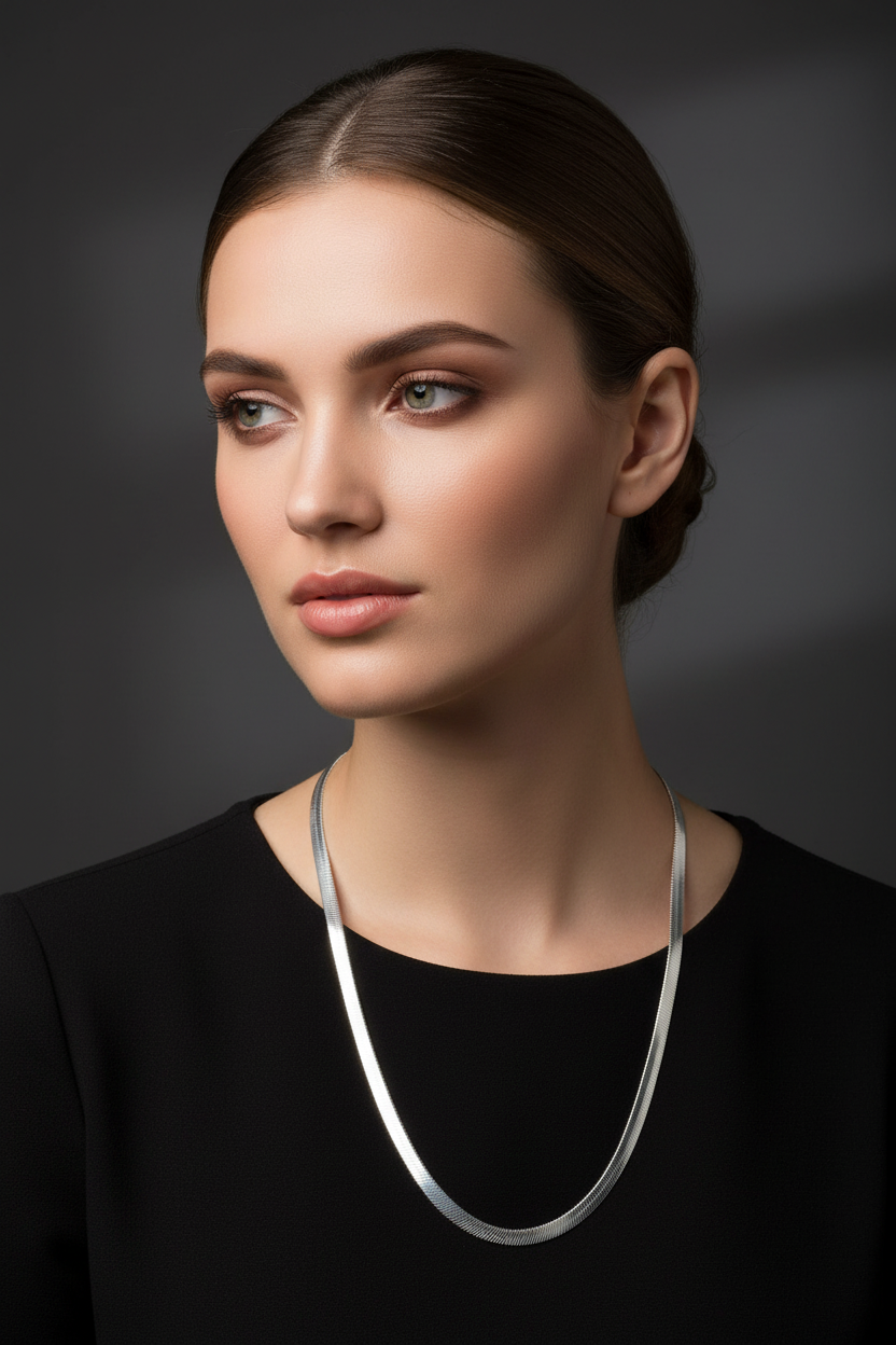 Silver herringbone chain on black shirt