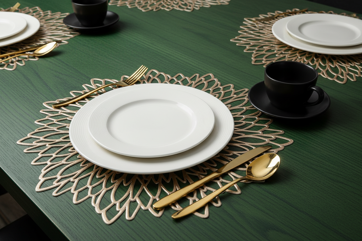 Styled gold placemats on green table