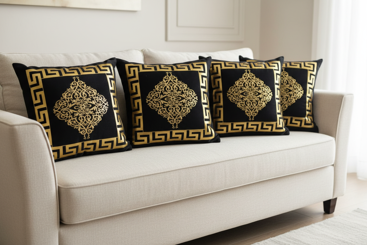 Three black and gold Greek key cushions on sofa