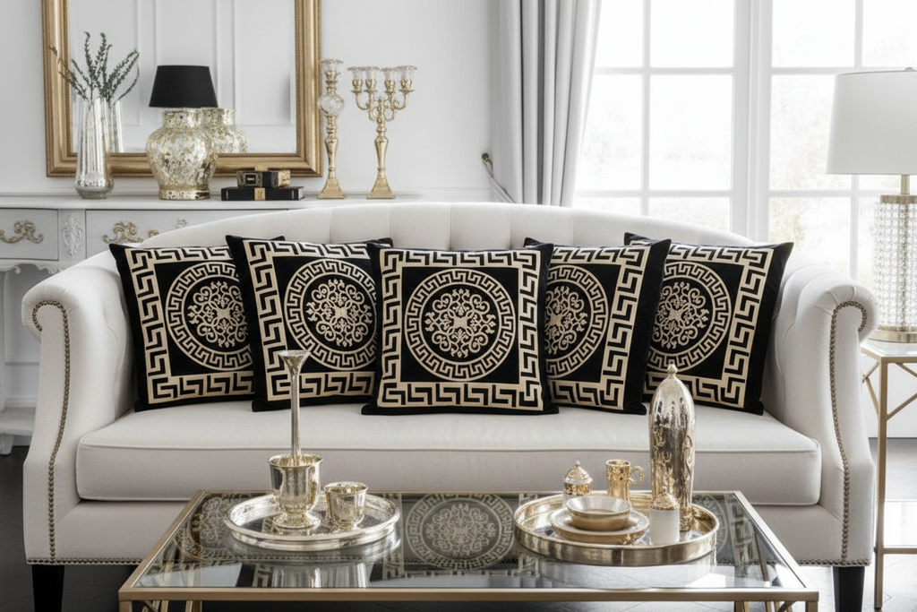 Three black Greek key cushions on sofa