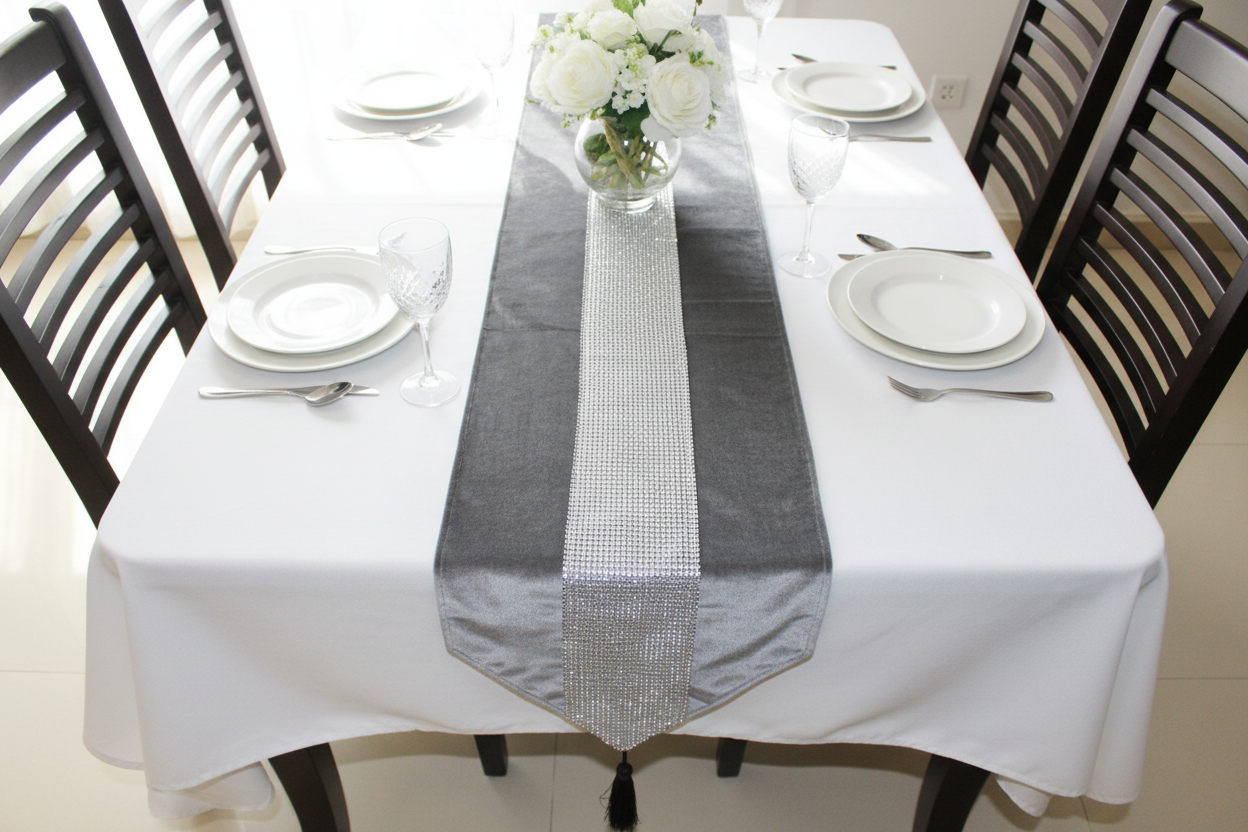 Top angle of grey velvet runner with silver rhinestones