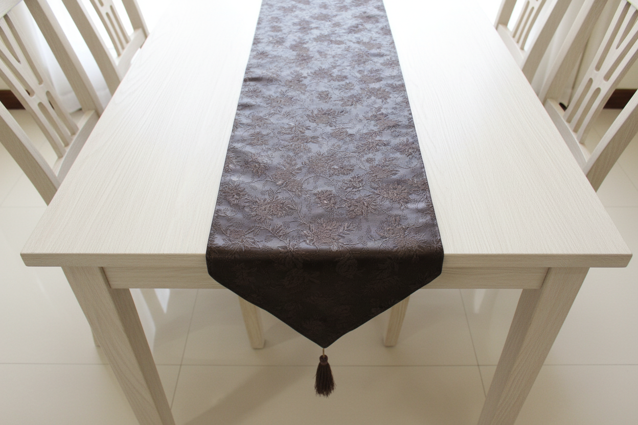 Top view of brown faux leather table runner on light table