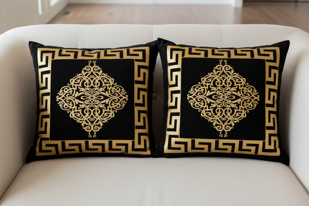 Two black and gold Greek key cushions on sofa
