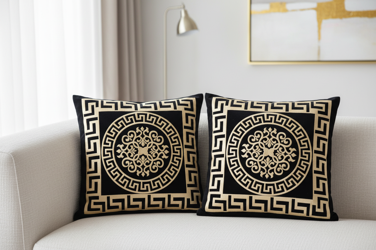 Two black Greek key cushions on sofa